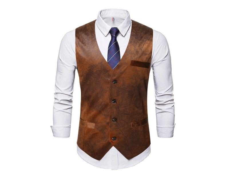 Vintage Imitation Leather Single-breasted Men Casual Vests Jacket Autumn New Carousel 2
