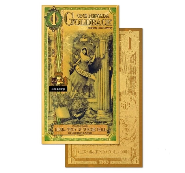 One Nevada 2021 Goldback .999 Gold Bullion Foil Note, (24k). Carousel 1