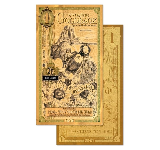 One Wyoming 2022 Goldback .999 Gold Bullion Foil Note, (24k). Carousel 1