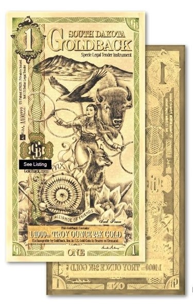 One South Dakota 2024 Goldback .999 Gold Bullion Foil Note, (24k). Carousel 1