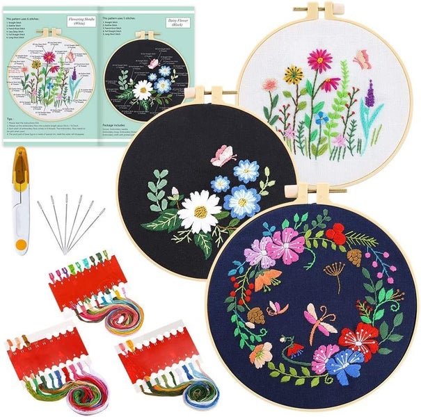 3 Sets Embroidery Starter Kit,Cross Stitch Set, Stamped Embroidery Kits Carousel 1