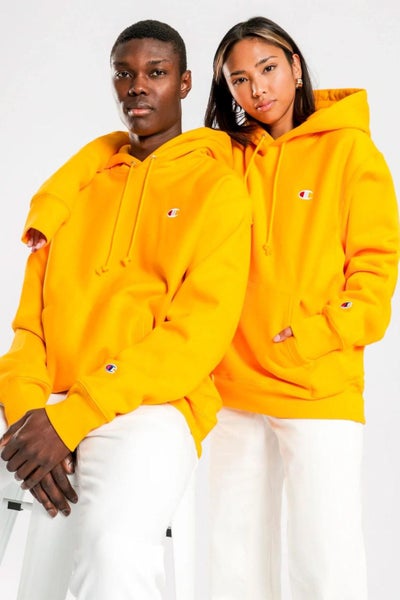 Champion Unisex Reverse Weave C Logo Hoodie in Gold Carousel 1