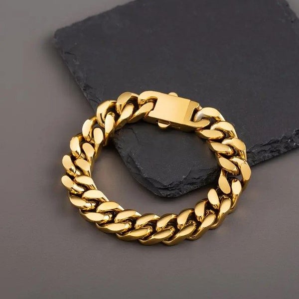 Men's Titanium Steel Cuban Curb Link Chain Bracelet in 18K Gold - LOW RESERVE! Carousel 2