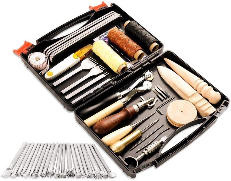 Leather Craft Tools Kit With Hand Sewing Stitching Punch Tool Saddle Groover Set Carousel 1