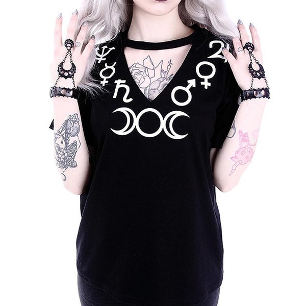 Restyle - SYMBOLS - V-Neck with Choker Women's Short Sleeve Black T-Shirt Carousel 1