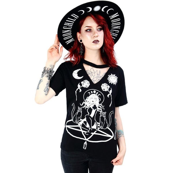 Restyle - Witch & Cats - Gothic Choker - Womens V - Neck Top Carousel 1
