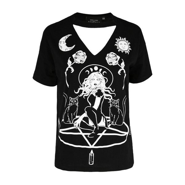 Restyle - Witch & Cats - Gothic Choker - Womens V - Neck Top Carousel 2