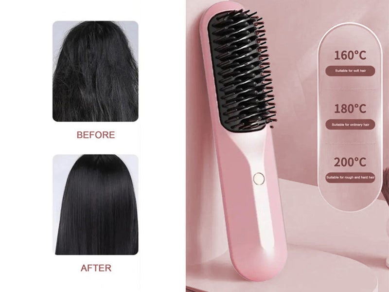 Portable Cordless Hair Straightener Brush Negative Ion Heating Pink Carousel 3
