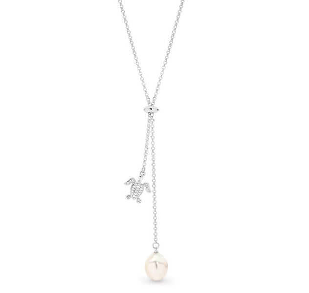 Sterling Silver Sea Turtle Charm and Genuine Pearl Lariat Necklace Carousel 1