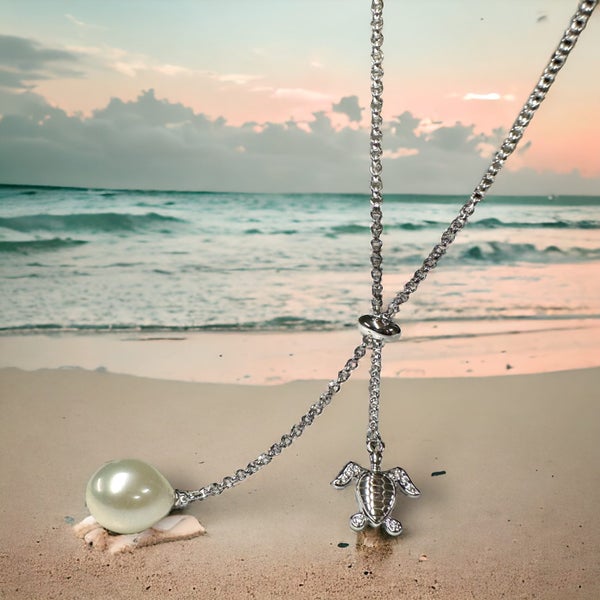 Sterling Silver Sea Turtle Charm and Genuine Pearl Lariat Necklace Carousel 2