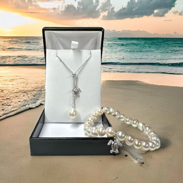 Sterling Silver Sea Turtle Charm and Genuine Pearl Lariat Necklace Carousel 3