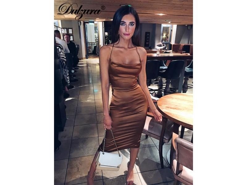 Dulzura Neon Satin Lace Up Women Long Midi Dress Bodycon Backless Elegant Party Carousel 1