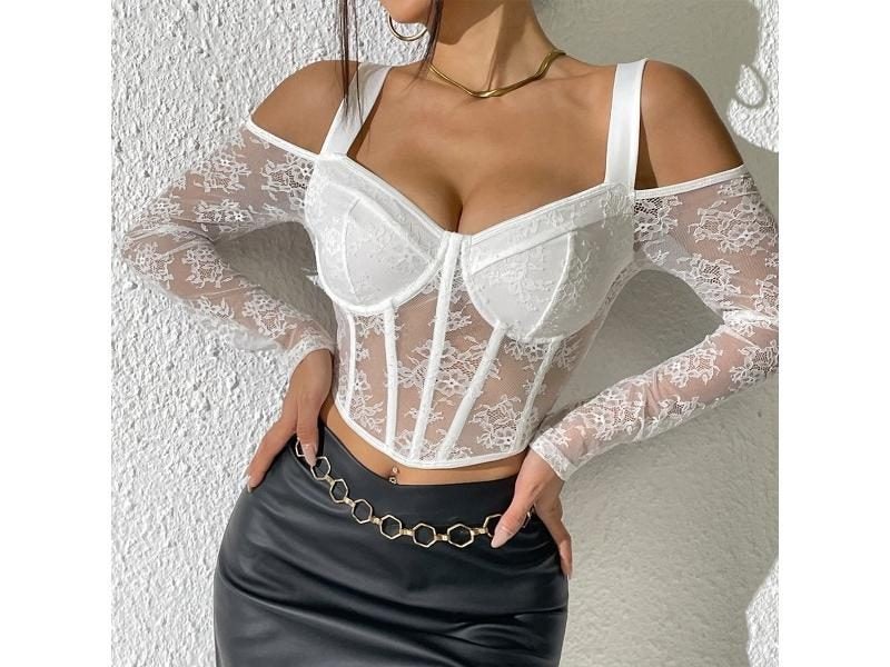 Women French White Lace Mesh Long Sleeve Crop Top Summer Tank Top Ladies Carousel 1