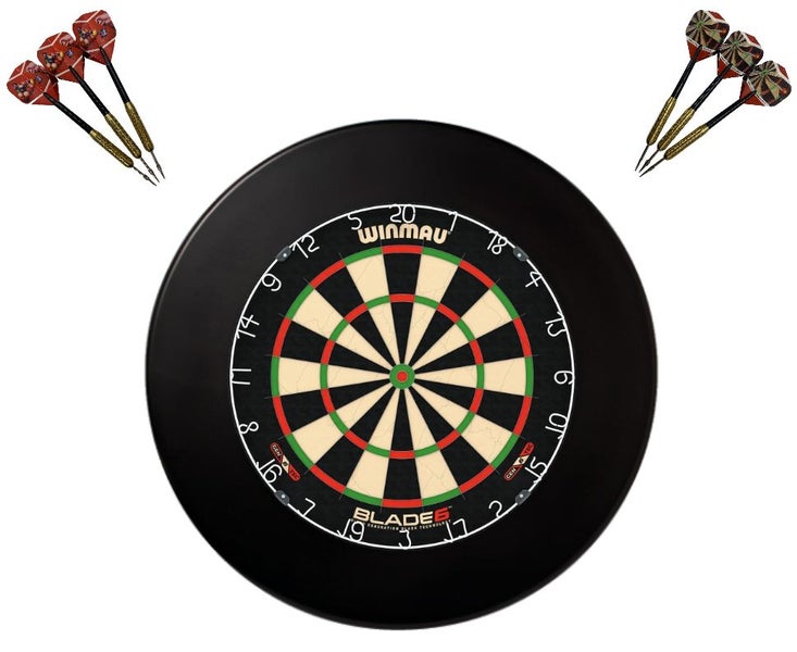 Winmau Blade 6 Dart Board + Black Dartboard Surround + Darts Set Carousel 1