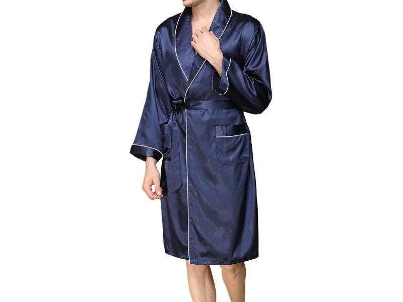 Men Satin Bathrobe With Belt Adults Contrast Color Long Sleeve V-neck Night Carousel 1