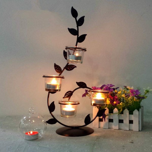 Hod Health & Home Romantic Black Iron Candle Holder With Leaves Decor Carousel 2