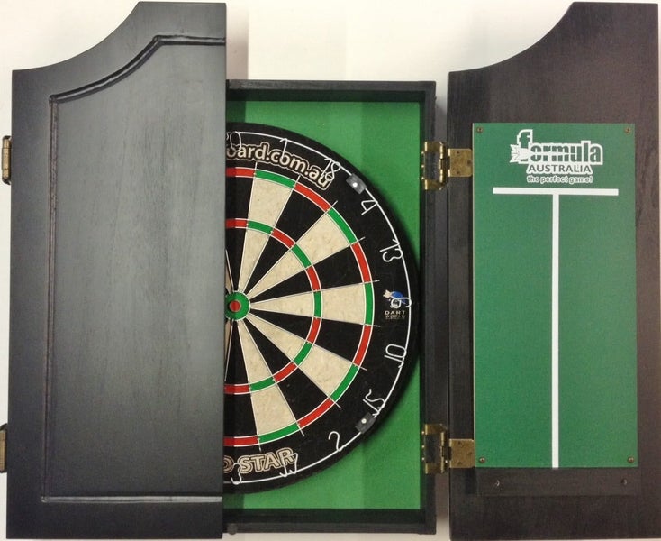 PRO STAR Dart Board Set SOLID WOOD Black Ash Cabinet Carousel 1