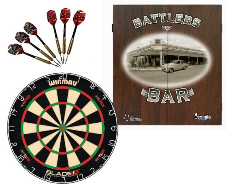 Winmau Blade 6 DUAL CORE Dart Board + Battlers Bar Cabinet + Darts Set Carousel 1