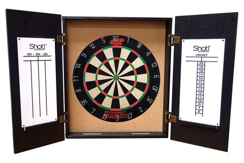 SHOT DARTS Bandit Original Bristle Dartboard + Quantum Dart Board Cabinet + D... Carousel 1