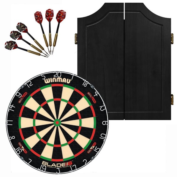 Winmau Blade 6 DUAL CORE Dart Board + Solid Wood Black Cabinet + Darts Set Carousel 1