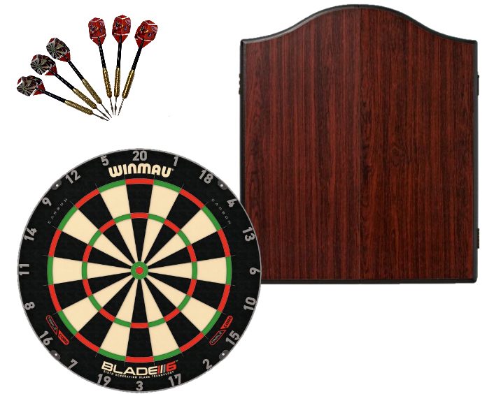 Winmau Blade 6 TRIPLE CORE Dart Board + Rosewood Cabinet + Darts Set Carousel 1