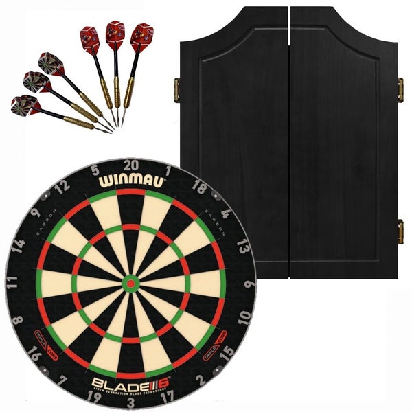 Winmau Blade 6 TRIPLE CORE Dart Board + Black Solid Wood Cabinet + Darts Set Carousel 1