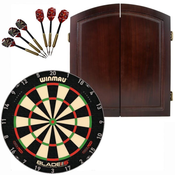 Winmau Blade 6 TRIPLE CORE Dart Board + Cherry Solid Wood Cabinet + Darts Set Carousel 1