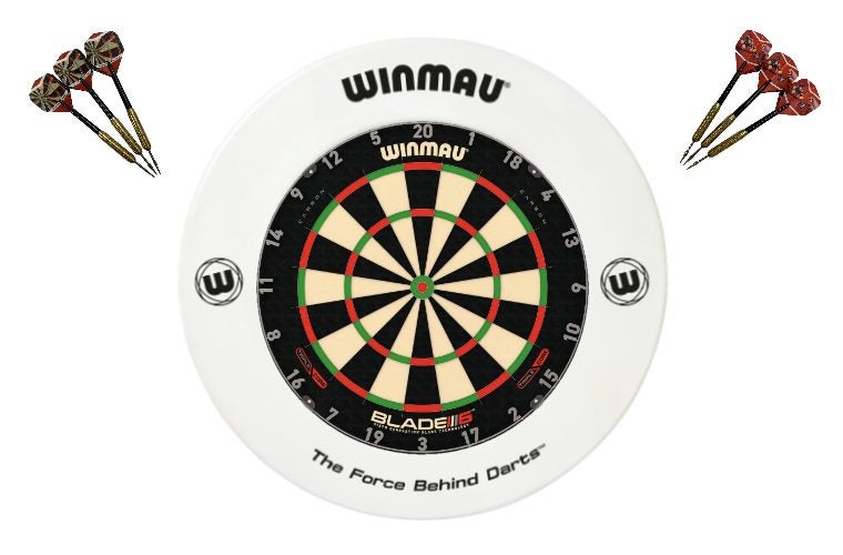 Winmau Blade 6 TRIPLE CORE Dart Board + White Printed Dartboard Surround + Darts Carousel 1