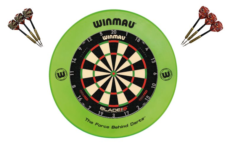 Winmau Blade 6 TRIPLE CORE Dart Board + Green Printed Dartboard Surround + Darts Carousel 1