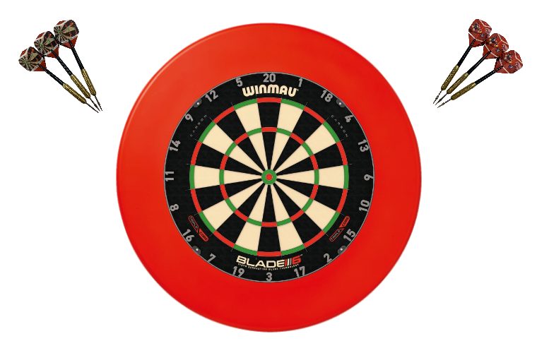 Winmau Blade 6 TRIPLE CORE Dart Board + Red Dartboard Surround + Darts Carousel 1