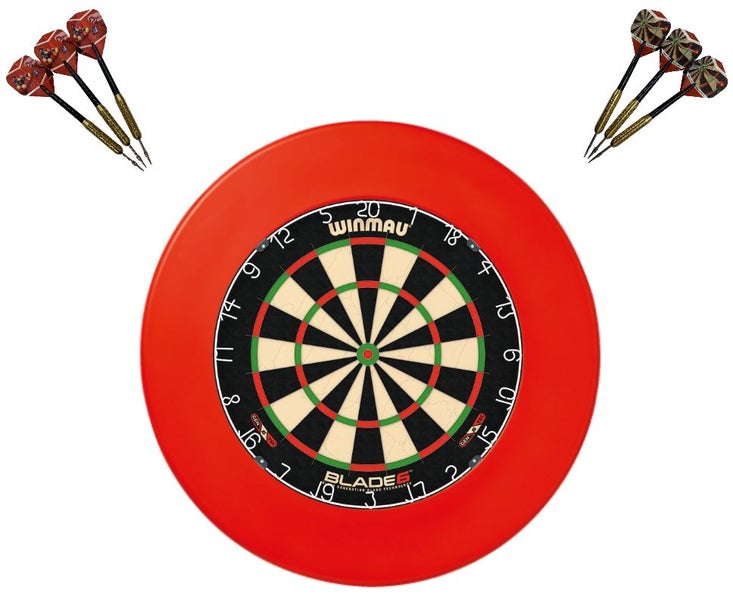 Winmau Blade 6 Dart Board + Red Dartboard Surround + Darts Set Carousel 1