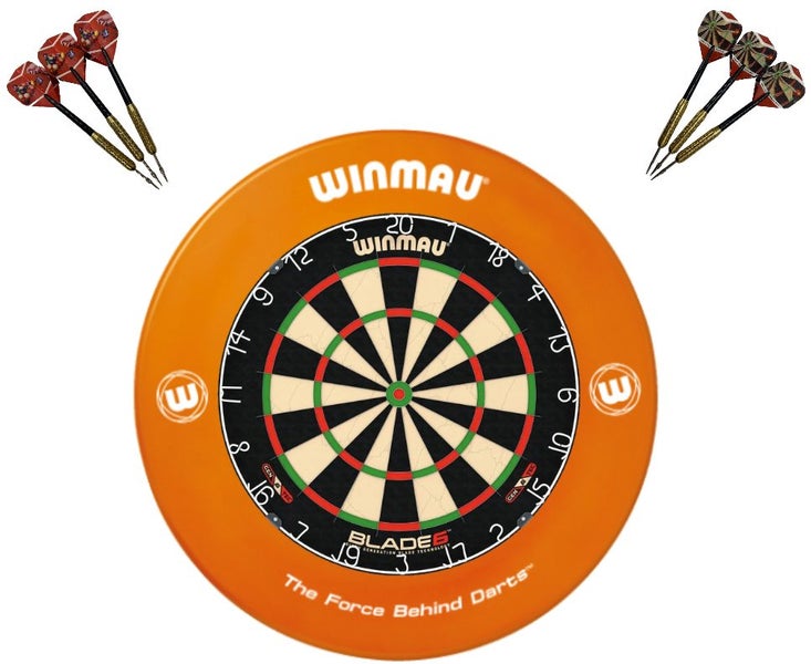 Winmau Blade 6 Dart Board + Orange Printed Dartboard Surround + Darts Set Carousel 1