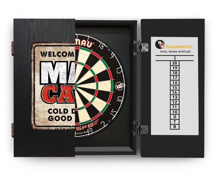 Winmau PRO SFB Dart Board + Welcome to the Man Cave Dartboard Cabinet + Darts Carousel 1