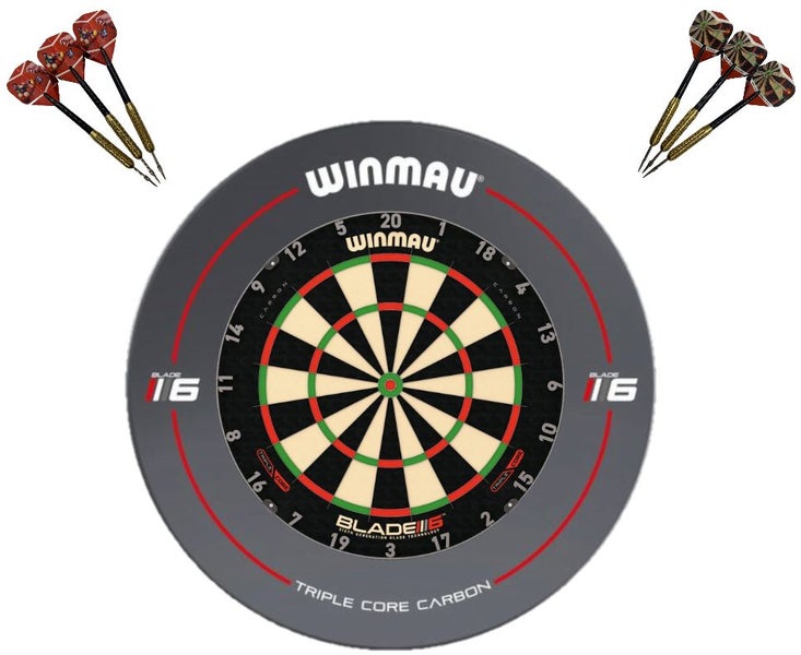 Winmau Blade 6 TRIPLE CORE Dart Board + BLADE 6 Dartboard Surround + Darts Carousel 1