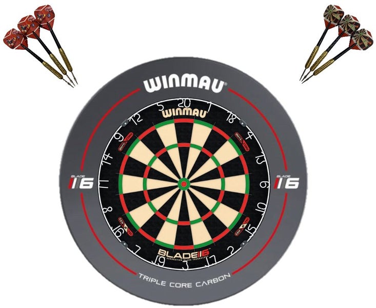Winmau Blade 6 DUAL CORE Dart Board + BLADE 6 Grey Dartboard Surround + Darts Carousel 1