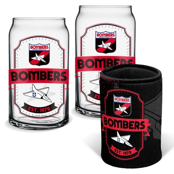 Essendon Bombers AFL Set of 2 Can Shaped Glasses and Can Cooler Gift Set Carousel 1
