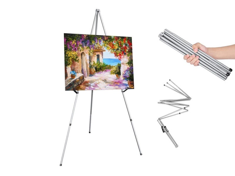 160cm Foldable Easel Stand Metal Art Easel Tripod Poster Display Stand - Silver Carousel 1