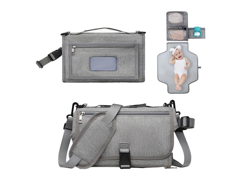 Foldable Water-resistant Diaper Changing Pad Bag with Shoulder Strap - Grey Carousel 1