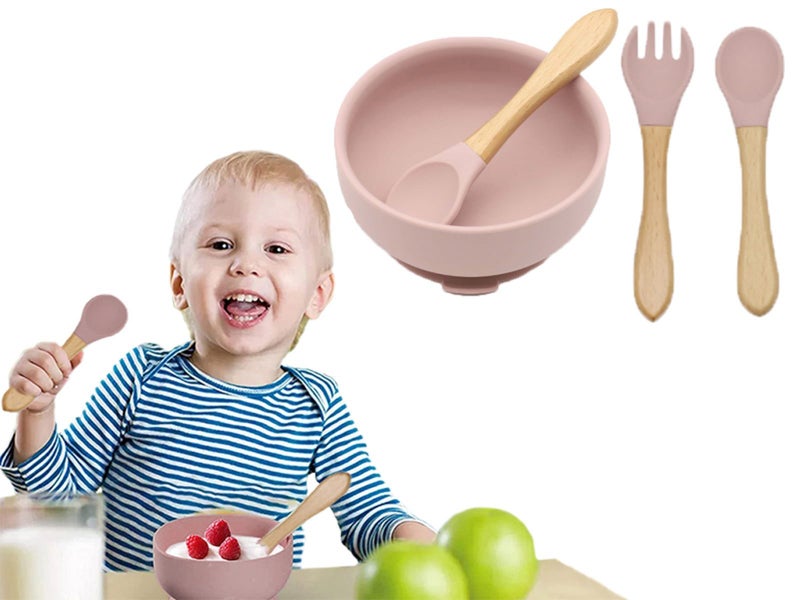 Silicone Suction Bowl with Spoon Fork Pink Carousel 1