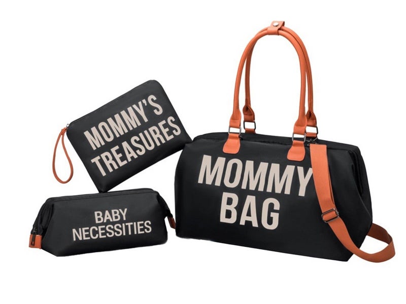 Set of 3Pcs Large Capacity Diaper Tote Bag Mommy Bag with Shoulder Strap Black Carousel 1
