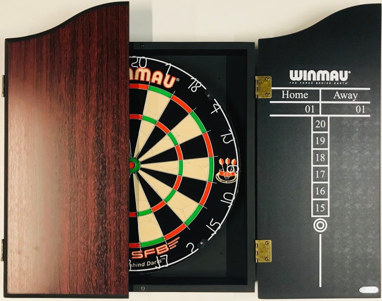 WINMAU PRO SFB Bristle Dart Board Set - Rosewood Cabinet - 6 x Darts Carousel 1