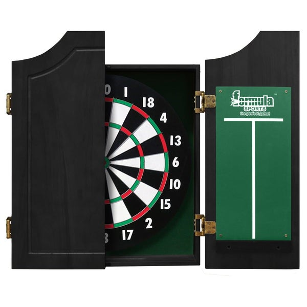 Formula Sports Dart Board Game 15 inch and Black Solid Wood Cabinet Set Carousel 1