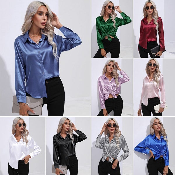Satin Women Shirt Long Sleeve Solid Blouse Casual Autumn Winter Lapel Carousel 2