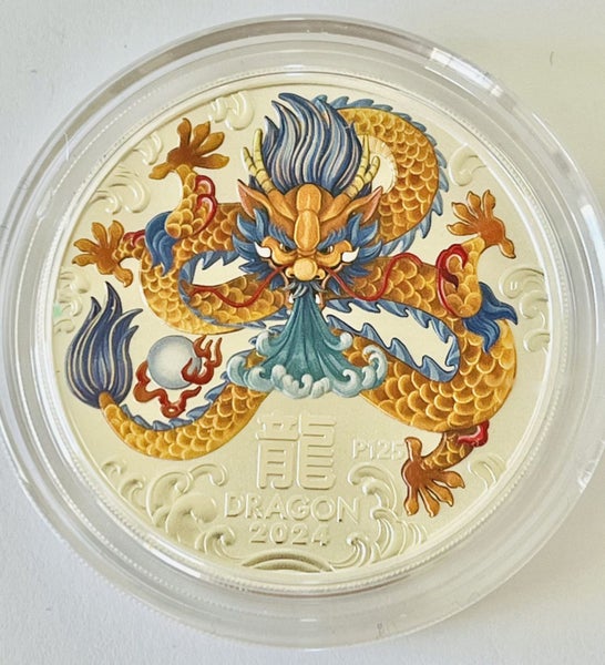 2024 1oz Perth Mint Lunar Dragon SIII 9999 1oz Silver Colored BU Coin (Capsule) Carousel 1