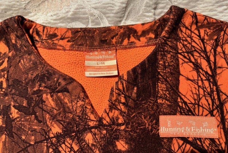 Hunting and Fishing - Orange Camo Short Sleeve Fleece Top - L/ Sz 14 Carousel 3