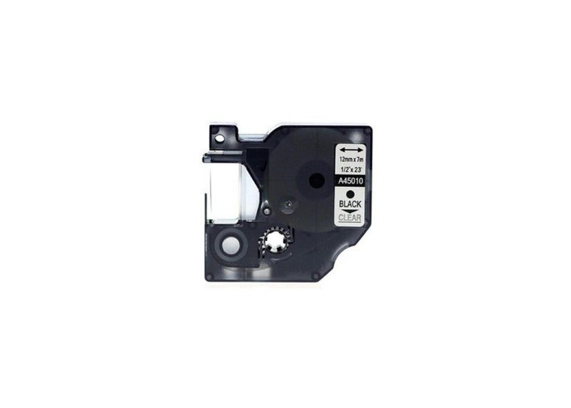 PTN 45010 Dymo Compatible 12mmx7m DYMO D1 Label Maker Tape Black on Clear Carousel 1