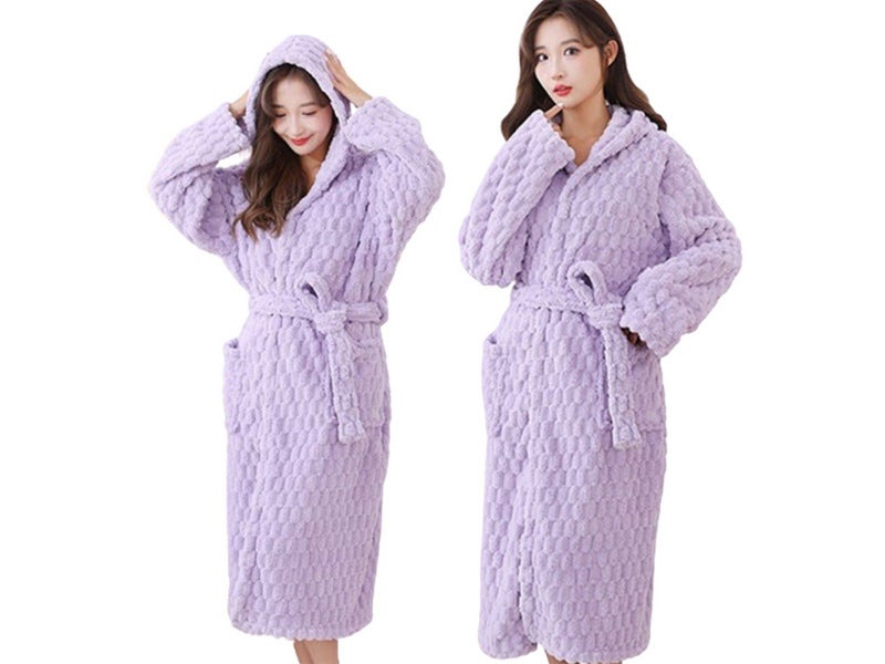 Towelling Wrap Bathrobe Thickened Coral Fleece Dressing Gown Robe Light Purple Carousel 1