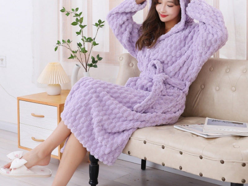 Towelling Wrap Bathrobe Thickened Coral Fleece Dressing Gown Robe Light Purple Carousel 2
