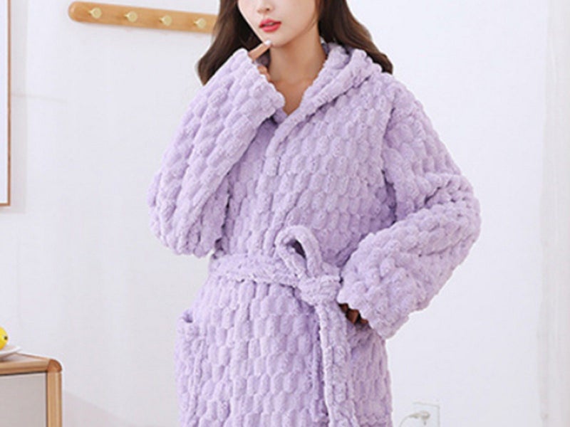 Towelling Wrap Bathrobe Thickened Coral Fleece Dressing Gown Robe Light Purple Carousel 4