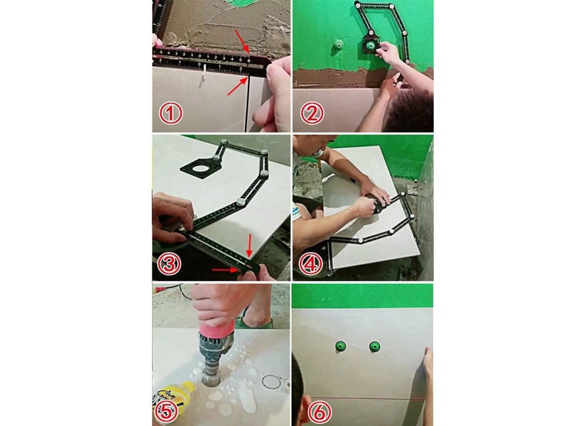 Angle Measuring Ruler Template Tool Glass Floor Tile Hole Puncher Locator Carousel 6